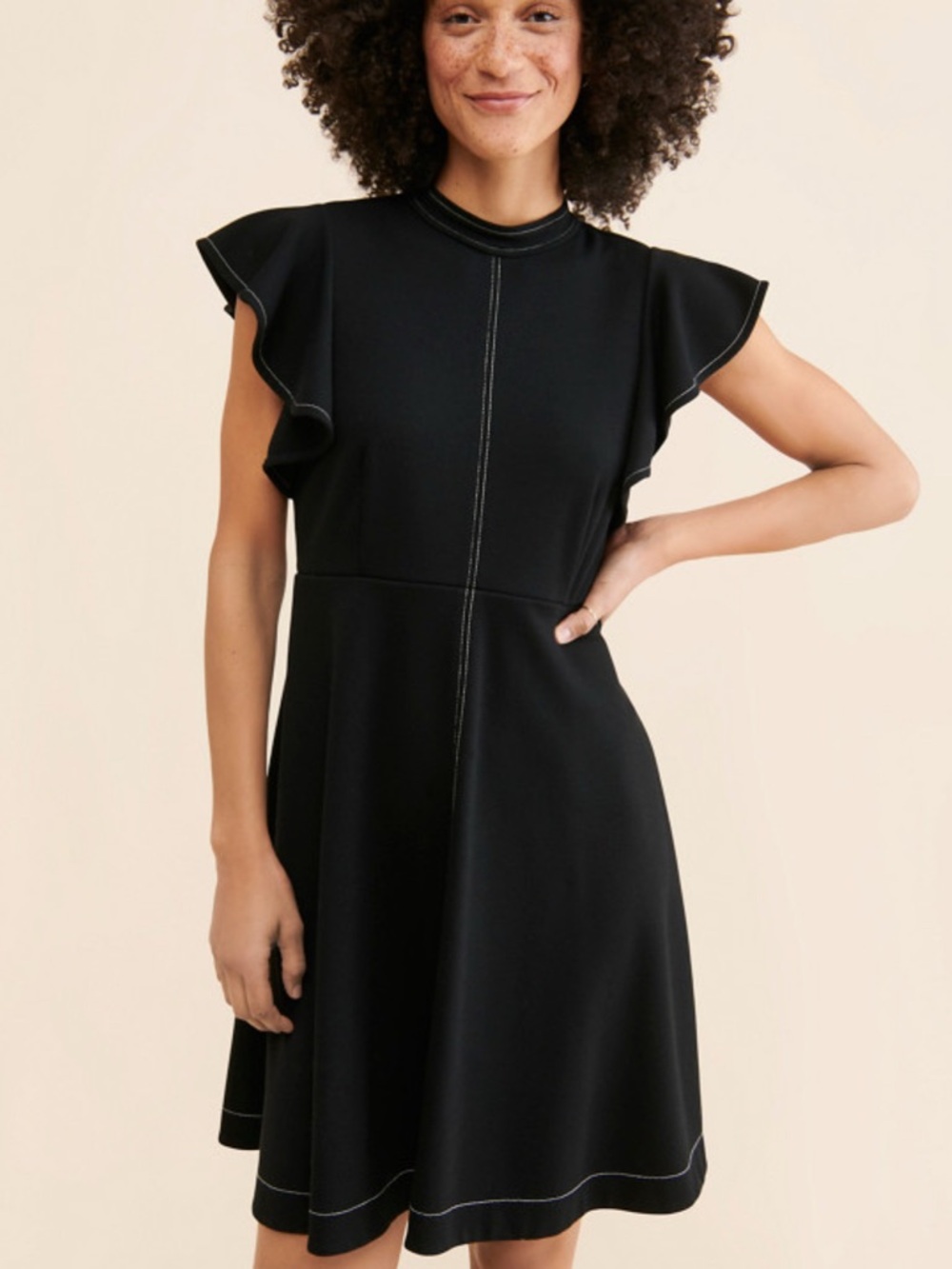Maeve Anthropologie Black Ruffle Sleeve Dress MP Medium Petite Fit Flare